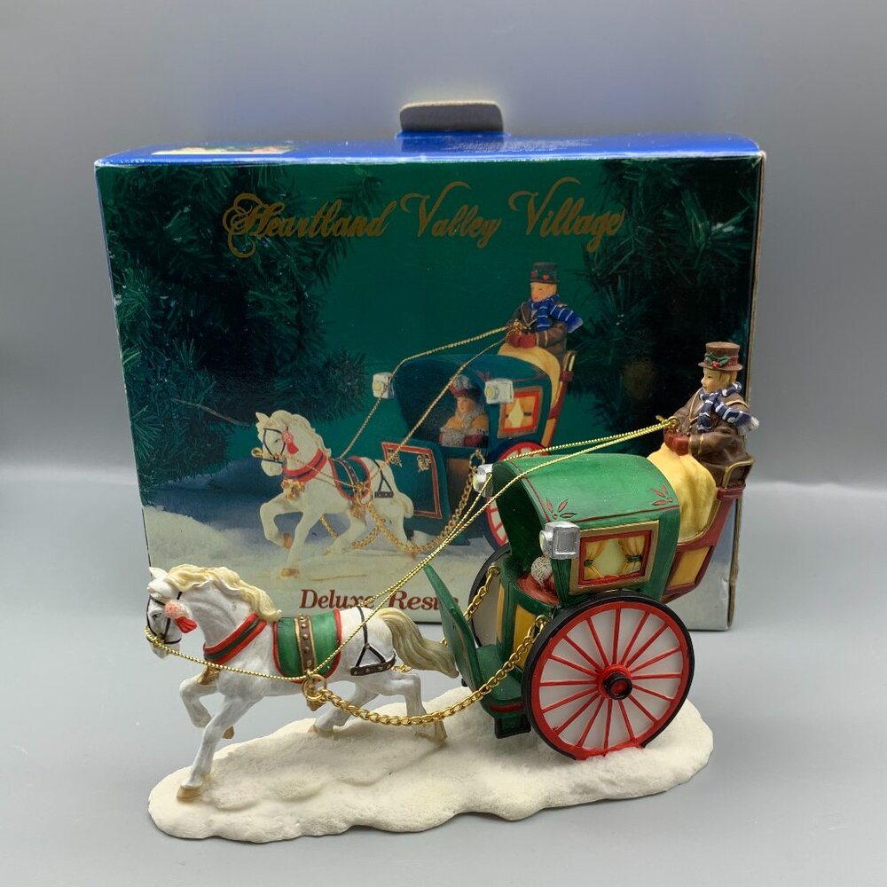 Heartland Valley Christmas Village Deluxe Green Carriage with White Horse in Box